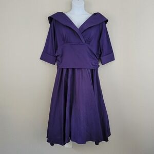 MASSEYS Size 22W Purple Collared Retro Fit & Flare Ruched Satin Midi Dress